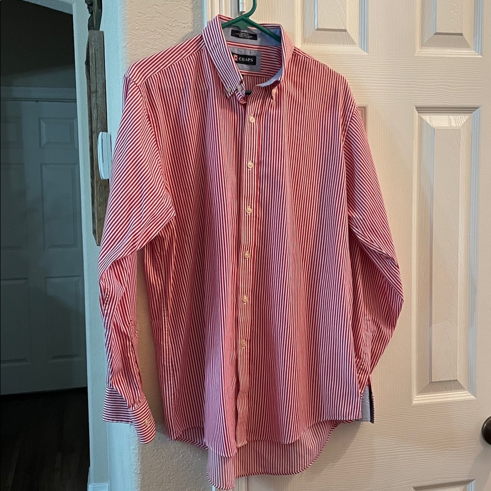 Chaps Shirt White Red Classic Fit Button-Down Striped Size 16 34/35